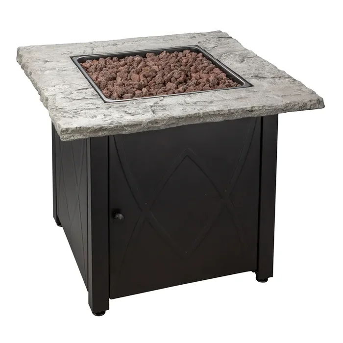 Galena Square Gray Faux Stone and Steel Gas Fire Pit Table