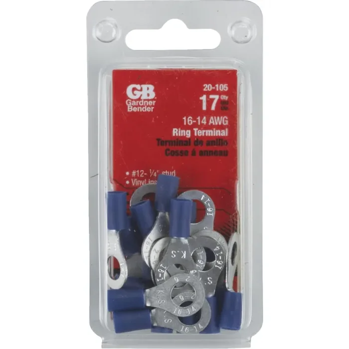 Gardner Bender 16 to 14 AWG 12 to 1/4 In. Stud Size Blue Vinyl-Insulated Barrel Ring Terminal (17-Pack)