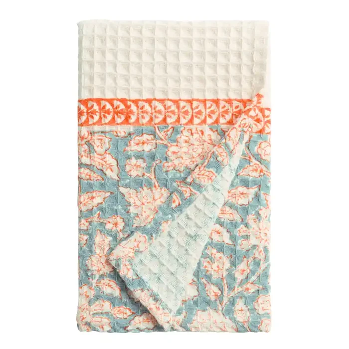 Gina Chambray Blue Block Print Waffle Weave Hand Towel