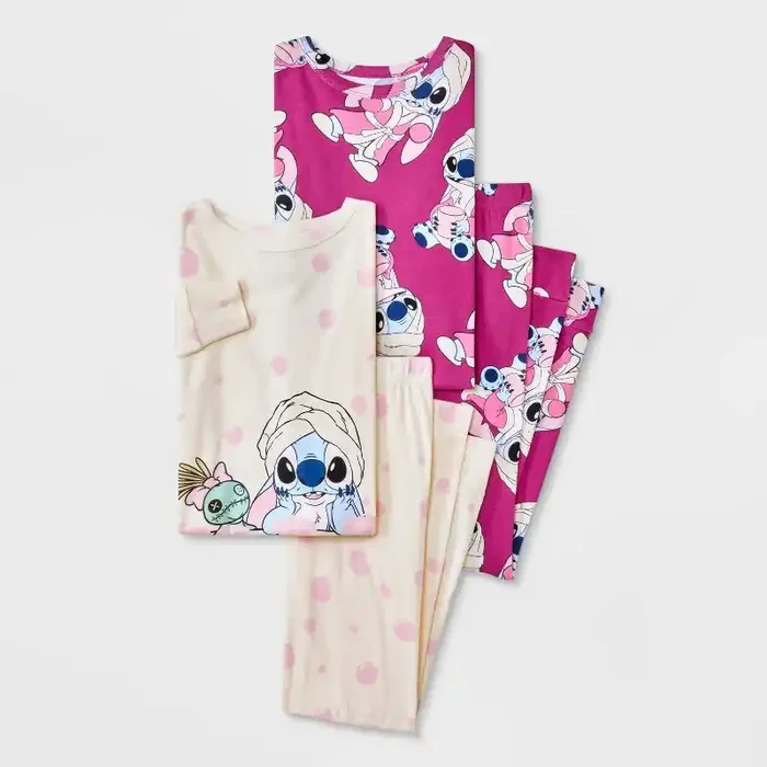 Girls‘ 4pc Lilo & Stitch Long Sleeve Pajama Set – White 4