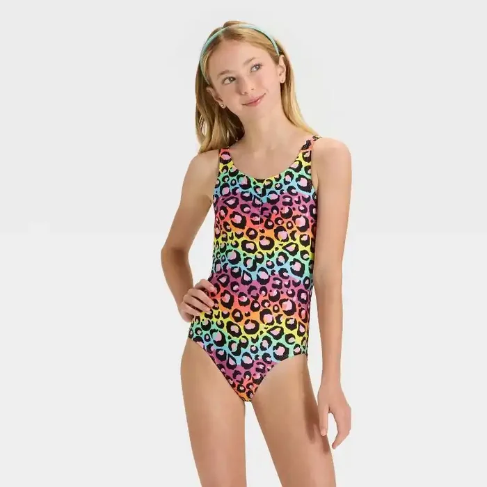 Girls‘ Rainbow Cheetah Printed One Piece Swimsuit – Cat & Jack™ XS