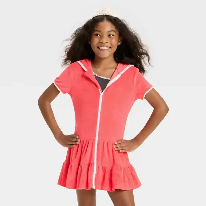 Girls‘ Red Terry Zip-Up Swimsuit Cover Up – Cat & Jack™ Coral Red S