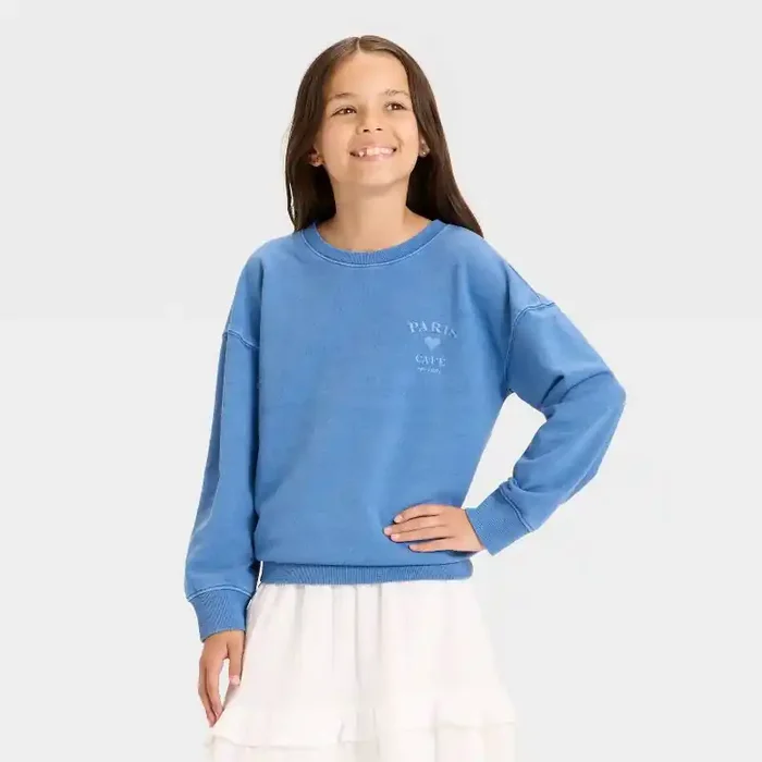 Girls‘ Relaxed Fit ‘Paris‘ French Terry Pullover Shirt – Cat & Jack™ Steel Blue L