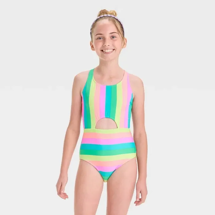 Girls‘ Sandy Island Rainbow Striped One Piece Swimsuit – Cat & Jack™ L