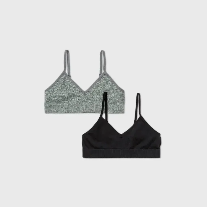 Girls‘ Seamless Bra 2pk – Cat & Jack™ Gray/Black XL Wireless Bralettes, Adjustable Straps, Pullover Style