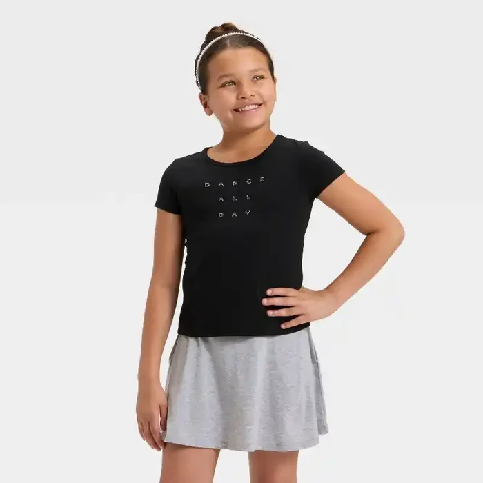 Girls‘ Short Sleeve Fitted Embellished T-Shirt – Cat & Jack™ Black L