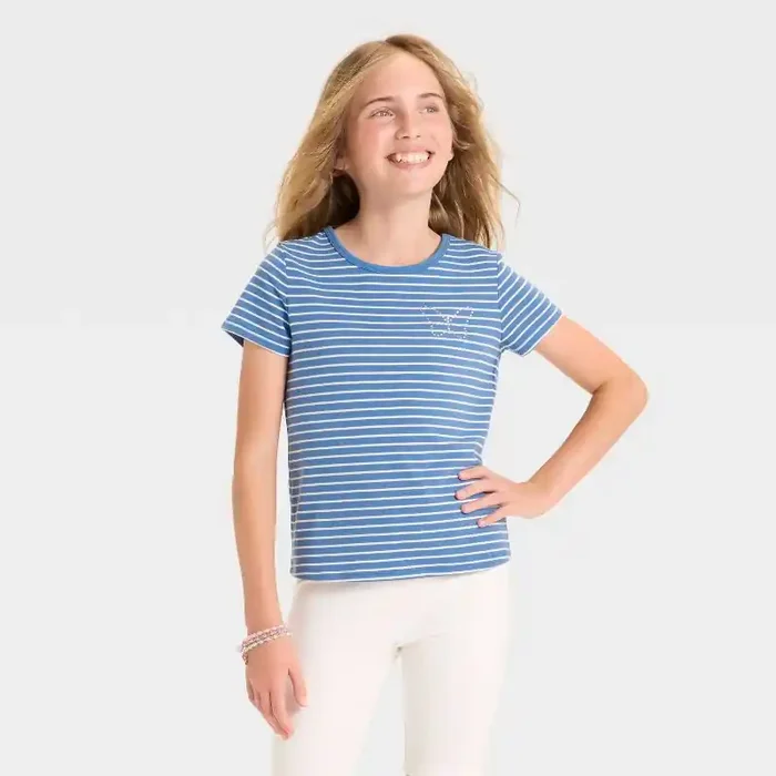 Girls‘ Short Sleeve Fitted Striped Embellished T-Shirt – Cat & Jack™ Steel Blue XL