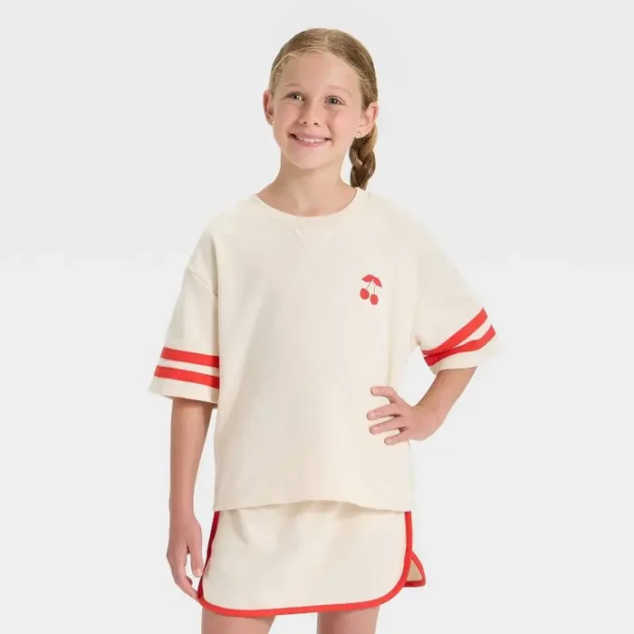 Girls‘ Short Sleeve French Terry Sporty T-Shirt – Cat & Jack™ Beige M