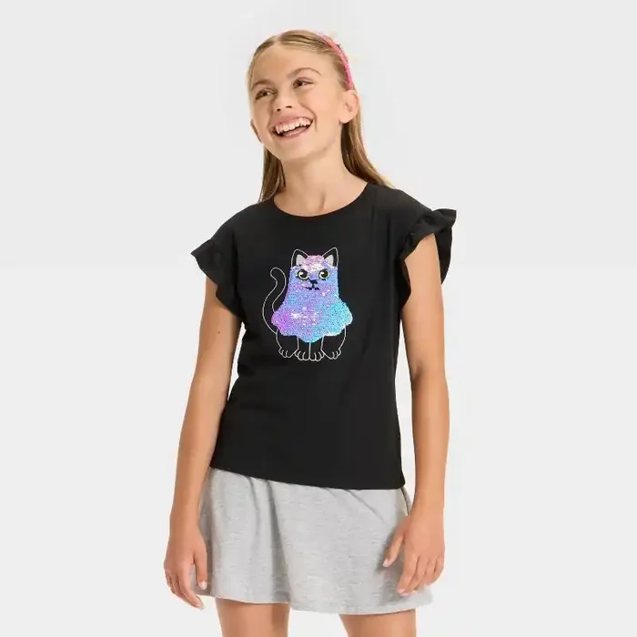 Girls‘ Short Sleeve Halloween ‘Ghost Cat‘ Flip Sequin T-Shirt – Cat & Jack™ Black XL