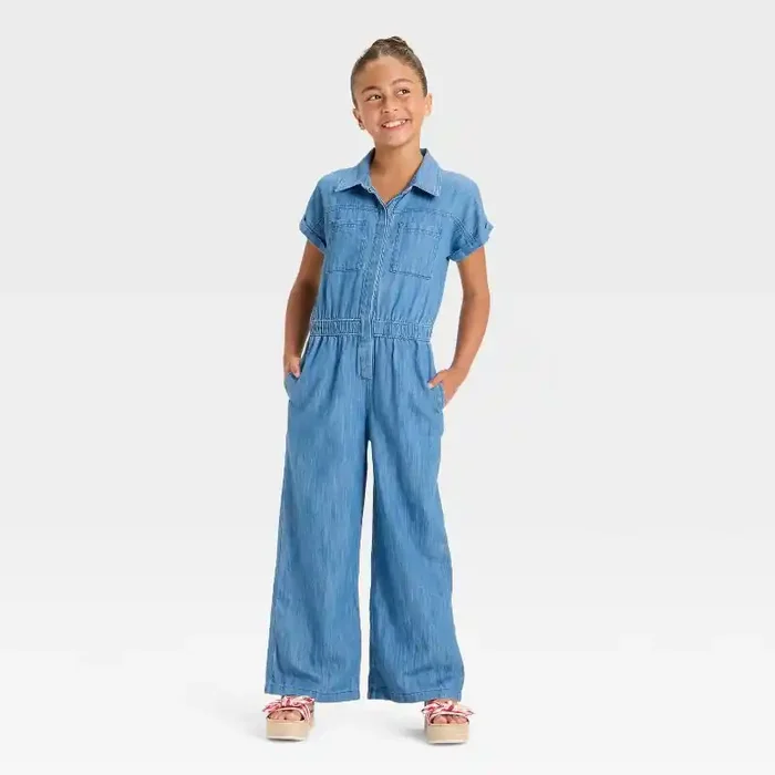 Girls‘ Short Sleeve Jumpsuit – Cat & Jack™ Blue Denim XL