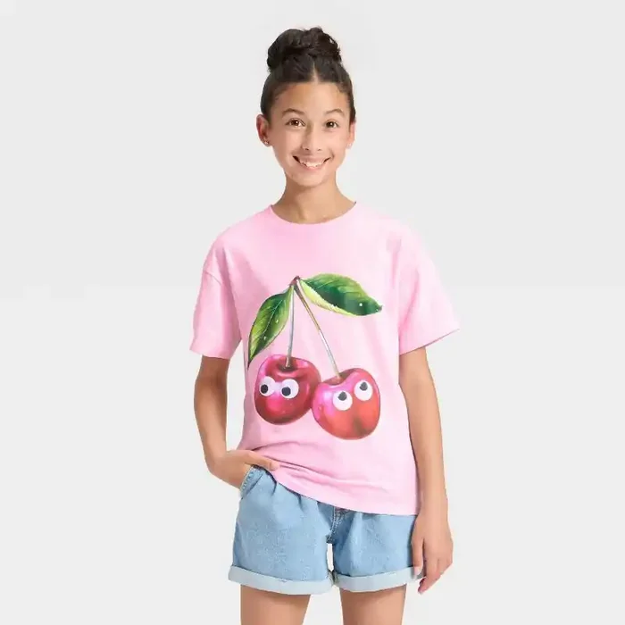 Girls‘ Short Sleeve Knit Oversized Cherries Graphic T-Shirt – Cat & Jack™ Soft Pink XL