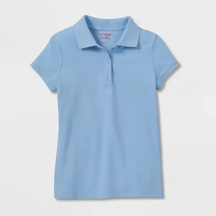 Girls‘ Short Sleeve Pique Uniform Polo Shirt – Cat & Jack™ Light Blue M Cotton Blend, Recycled Polyester, Spandex, School Apparel