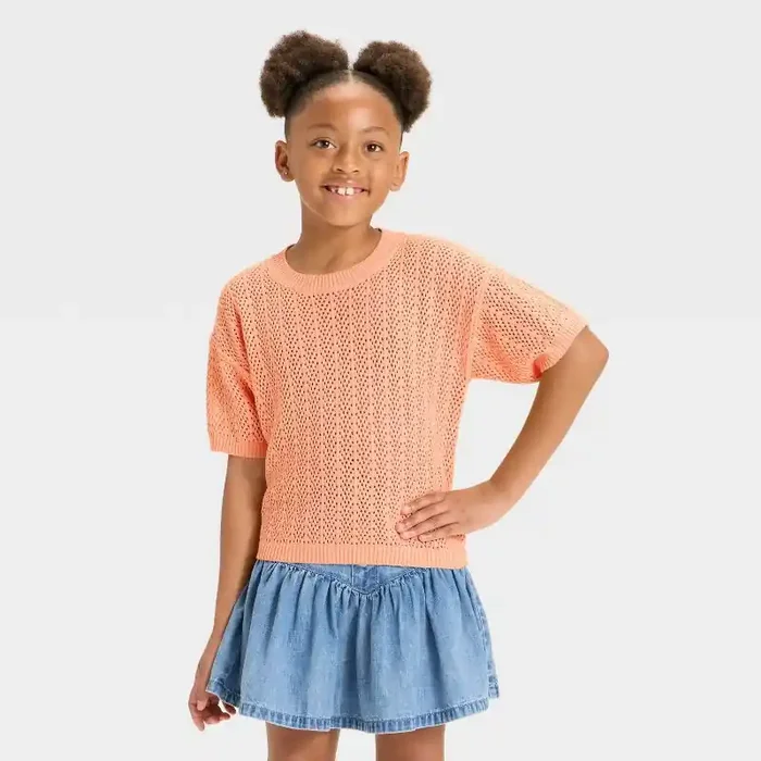 Girls‘ Short Sleeve Pullover Sweater – Cat & Jack™ Peach Orange M