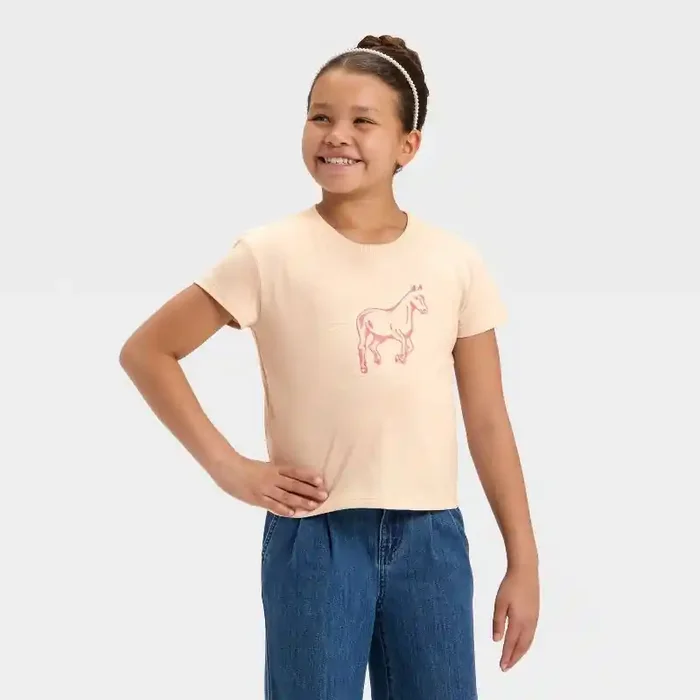 Girls‘ Short Sleeve Relaxed Fit Horse Graphic T-Shirt – Cat & Jack™ Beige M