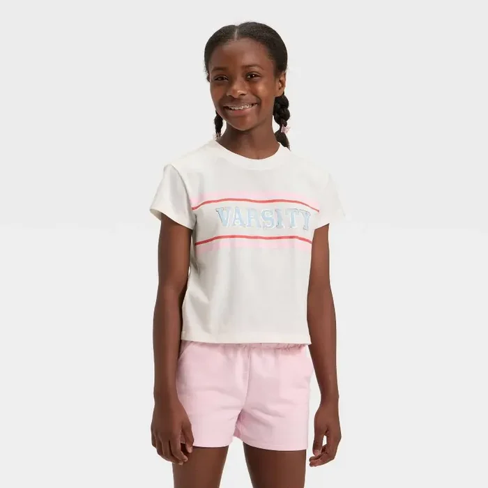 Girls‘ Short Sleeve Relaxed Fit Varsity Graphic T-Shirt – Cat & Jack™ Cream L