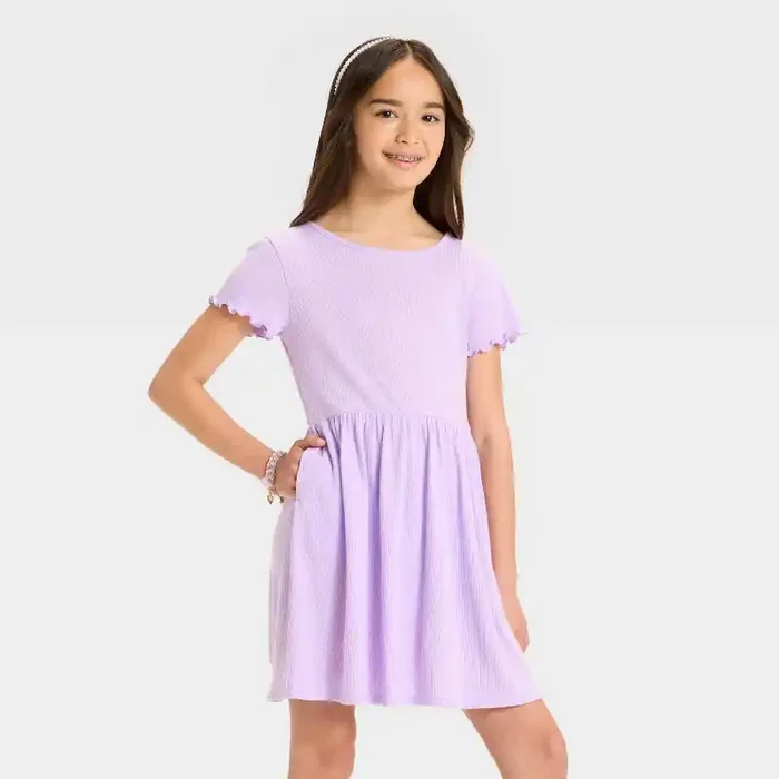 Girls‘ Short Sleeve Ribbed Dress – Cat & Jack™ Lavender XS