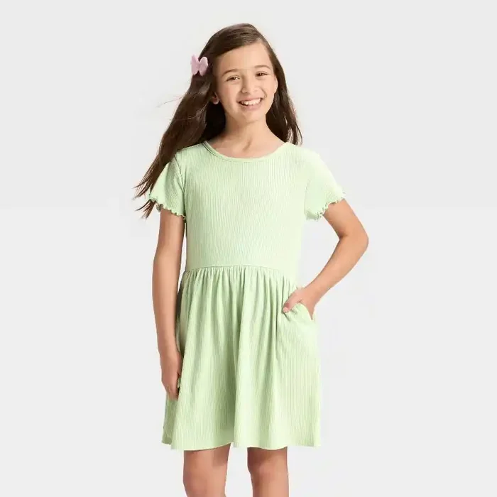 Girls‘ Short Sleeve Ribbed Dress – Cat & Jack™ Sage Green XL