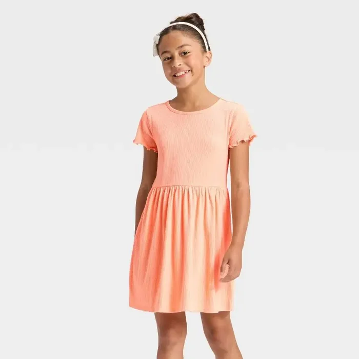 Girls‘ Short Sleeve Ribbed Dress – Cat & Jack™ Soft Peach Orange M