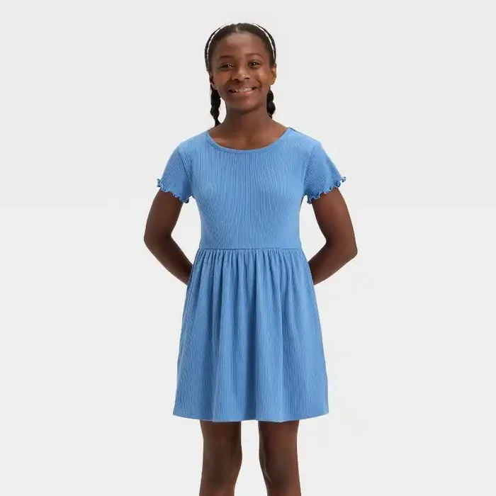 Girls‘ Short Sleeve Ribbed Dress – Cat & Jack™ Steel Blue M