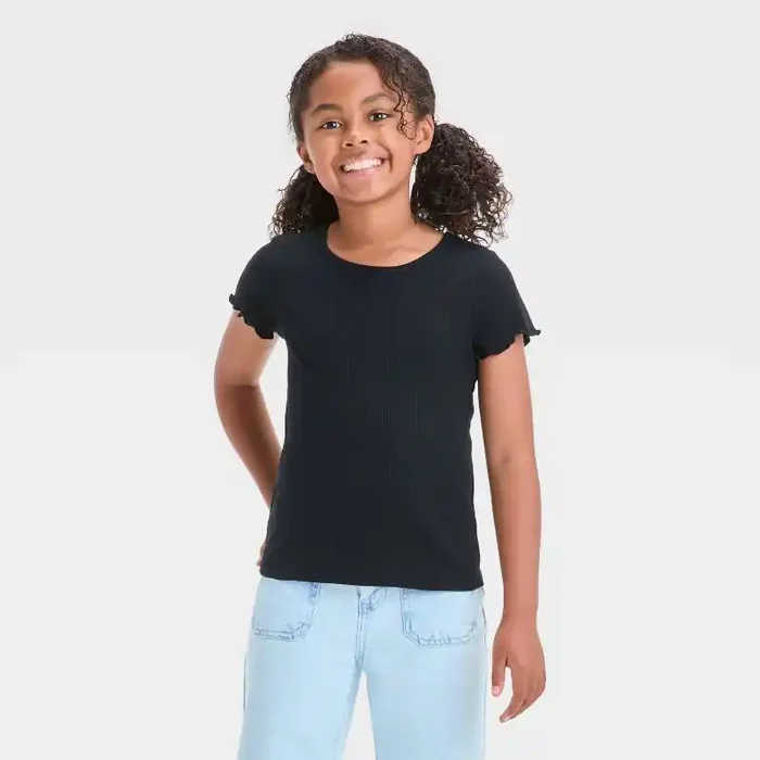 Girls‘ Short Sleeve Ribbed T-Shirt – Cat & Jack™ Black L Crew Neck, Pullover