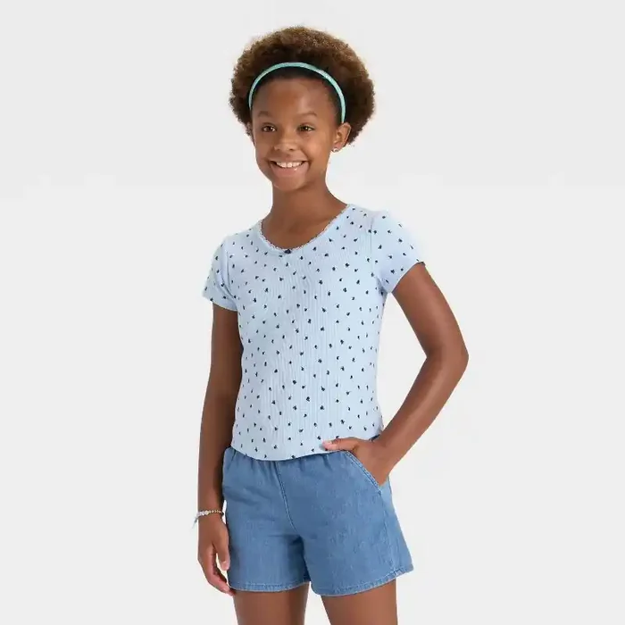 Girls‘ Short Sleeve Ribbed T-Shirt – Cat & Jack™ Blue Floral L