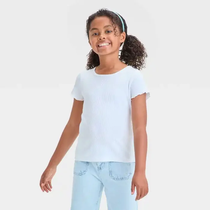 Girls‘ Short Sleeve Ribbed T-Shirt – Cat & Jack™ White M Cotton Blend, Crew Neck, Pullover, Machine Washable