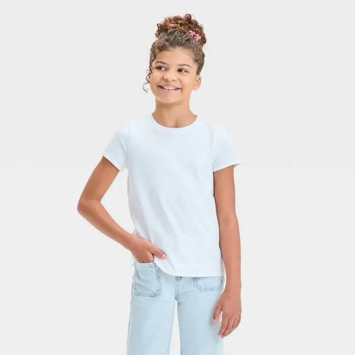 Girls‘ Short Sleeve Solid T-Shirt – Cat & Jack™ White L Cotton Blend, Recycled Polyester, Lightweight Jersey, Tagless Pullover