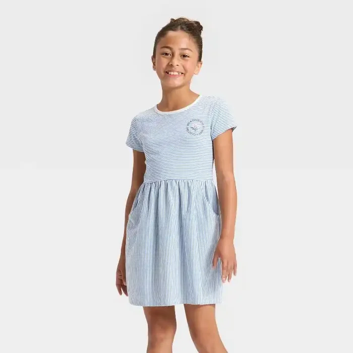 Girls‘ Short Sleeve Striped Printed Knit Dress – Cat & Jack™ Steel Blue M