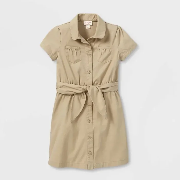 Girls‘ Short Sleeve Uniform Safari Dress – Cat & Jack™ Khaki 4 Cotton Blend, Front Button Down, Waist Tie Belt, Patch Pocket