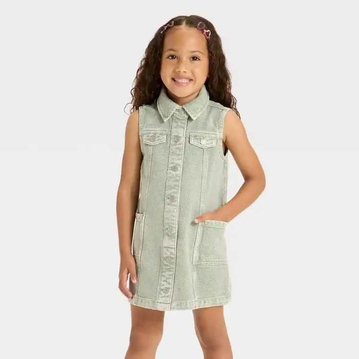 Girls‘ Sleeveless Denim Shirtdress – Cat & Jack™ Green S