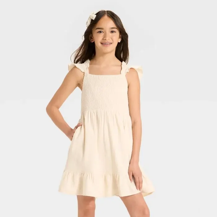 Girls‘ Sleeveless Solid Woven Dress – Cat & Jack™ Beige S