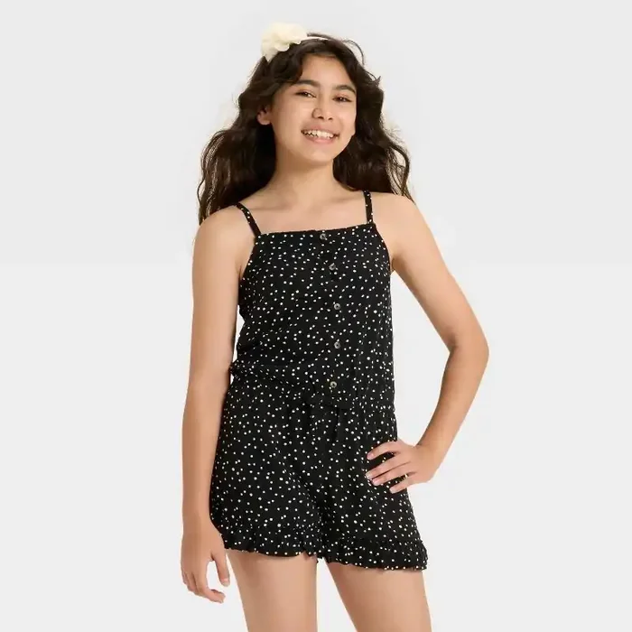 Girls‘ Sleeveless Woven Dot Romper – Cat & Jack™ Black M
