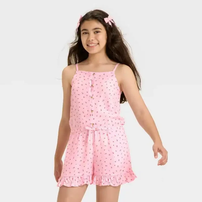 Girls‘ Sleeveless Woven Floral Romper – Cat & Jack™ Light Pink S