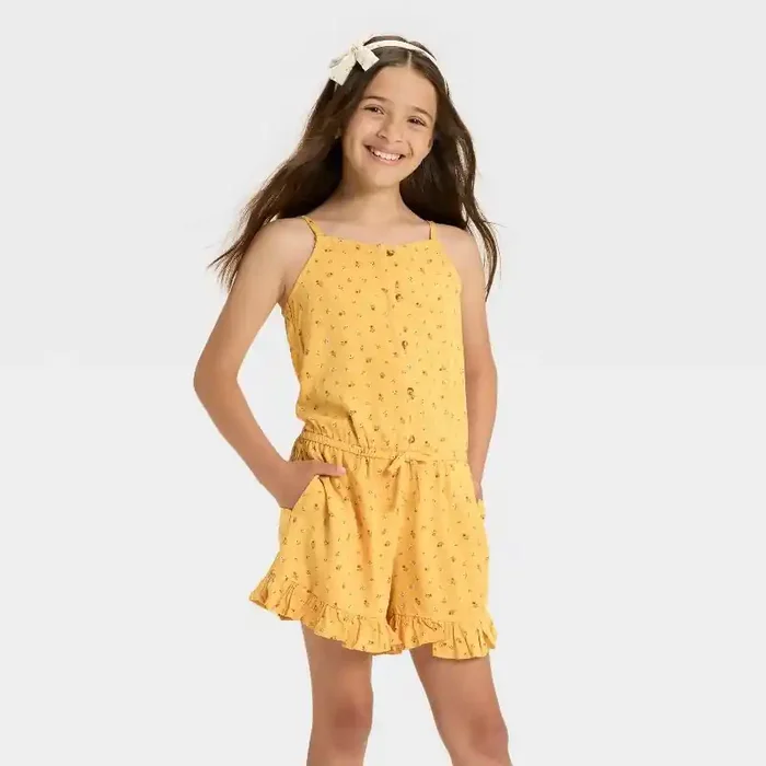 Girls‘ Sleeveless Woven Floral Romper – Cat & Jack™ Yellow Gold M