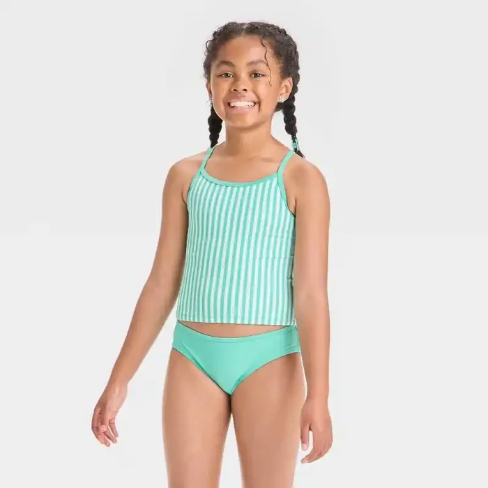 Girls‘ Striped Tankini Set – Cat & Jack™ Aqua Green S UPF 50+, Recycled Polyester, 2-Piece Swimwear