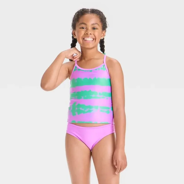 Girls‘ Tie-Dye Design Tankini Set – Cat & Jack™ Purple S UPF 50+, Recycled Polyester, Classic Coverage