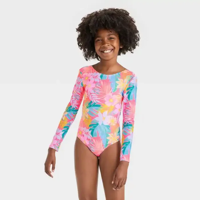 Girls‘ Tropical Blooms Floral Printed One Piece Swimsuit – Cat & Jack™ Pink M