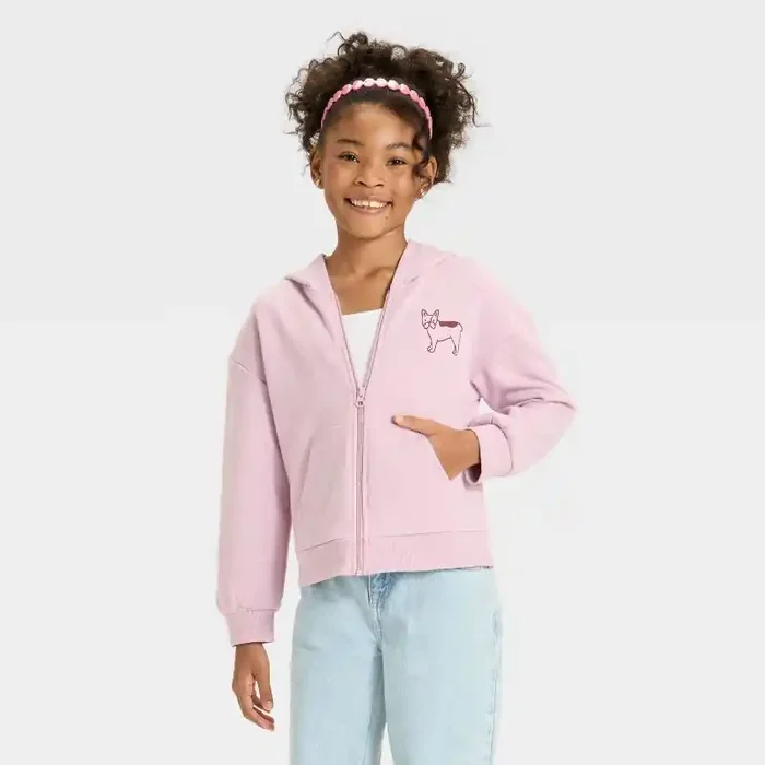 Girls‘ Zip-Up Dogs Fleece Hooded Sweatshirt – Cat & Jack™ Lavender M