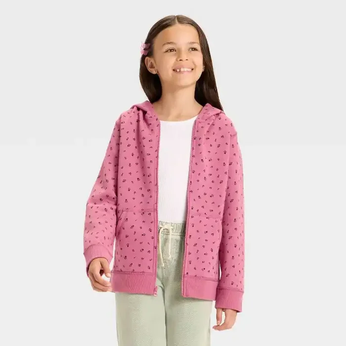 Girls‘ Zip-Up Floral Fleece Hooded Sweatshirt – Cat & Jack™ Pink Rose L