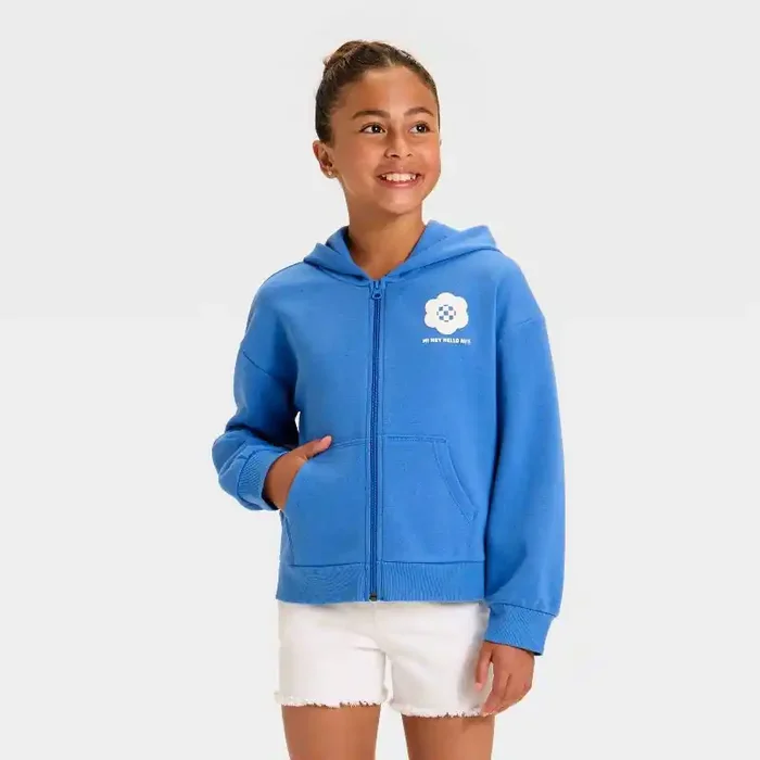 Girls‘ Zip-Up Floral Fleece Hooded Sweatshirt – Cat & Jack™ Steel Blue XS