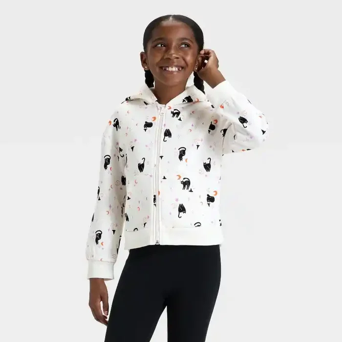 Girls‘ Zip-Up Halloween Cat Fleece Hoodie Sweatshirt – Cat & Jack™ Cream S