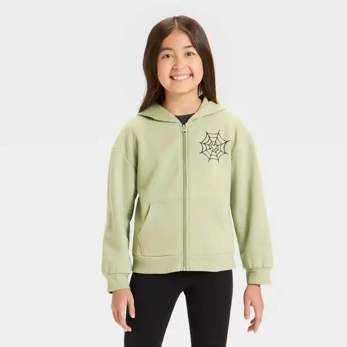 Girls‘ Zip-Up Halloween Spider Fleece Hoodie Sweatshirt – Cat & Jack™ Light Olive Green S