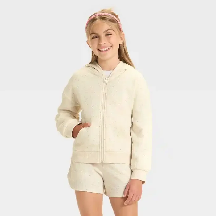 Girls‘ Zip-Up Polka Dots Fleece Hooded Sweatshirt – Cat & Jack™ Cream XS