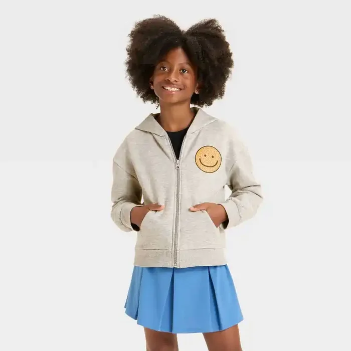 Girls‘ Zip-Up Smiley Fleece Hooded Sweatshirt – Cat & Jack™ Heather Gray XS