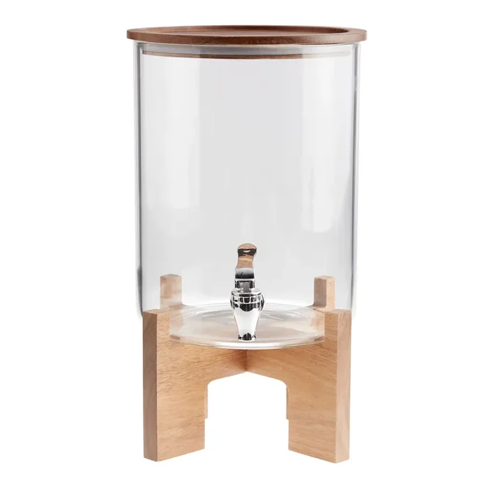 Glass and Acacia Wood Drink Dispenser with Stand