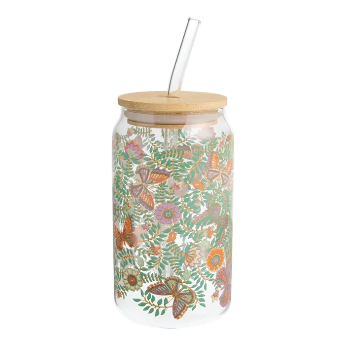 Glass Butterfly and Botanical To Go Tumbler with Straw