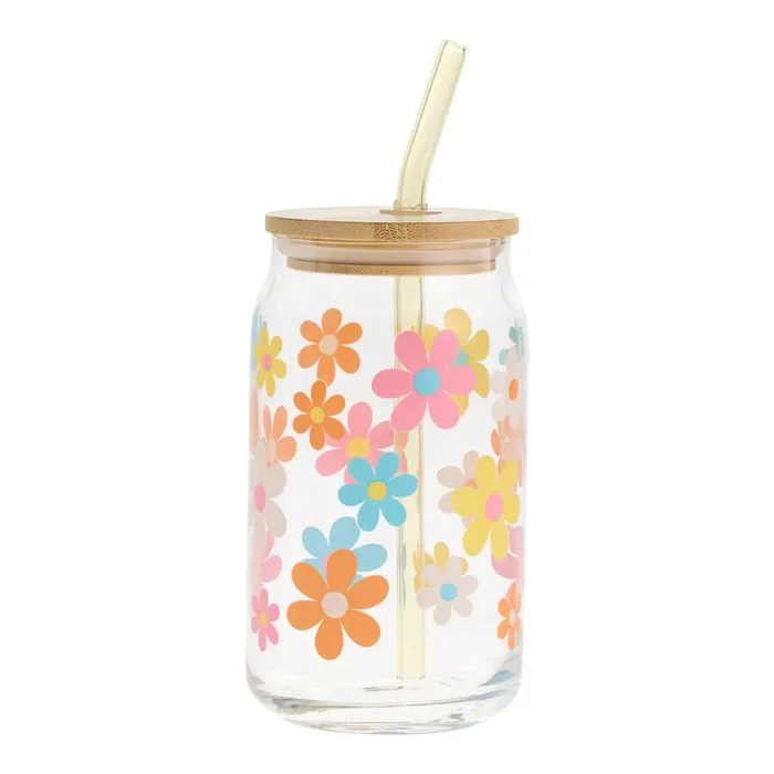 Glass Flower Power To Go Tumbler with Straw