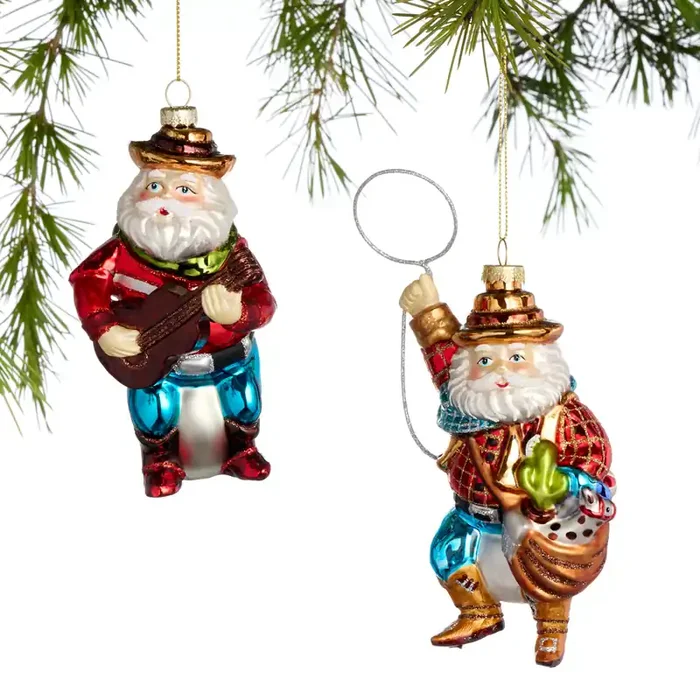 Glass Western Santa Ornaments Set of 2