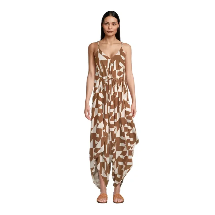Goa Brown and Ivory Abstract Geo Jumpsuit with Pockets