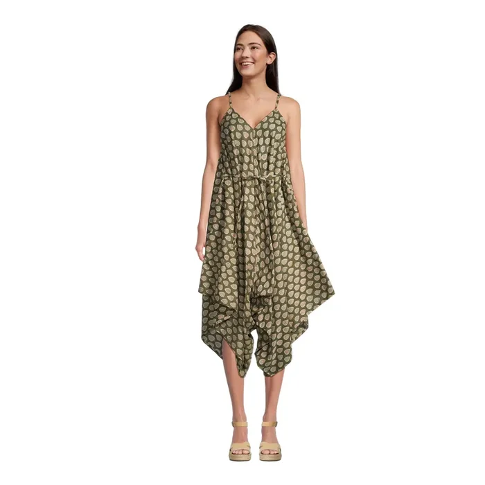 Goa Green And Pink Block Print Floral Jumpsuit With Pockets